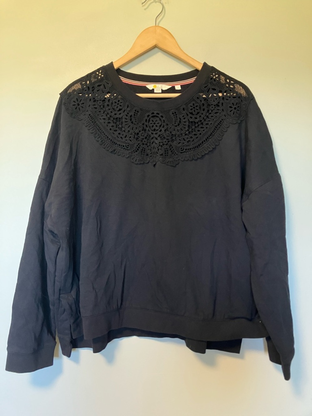 Boden Black Pullover Sweatshirt Top with Lace Eyelet